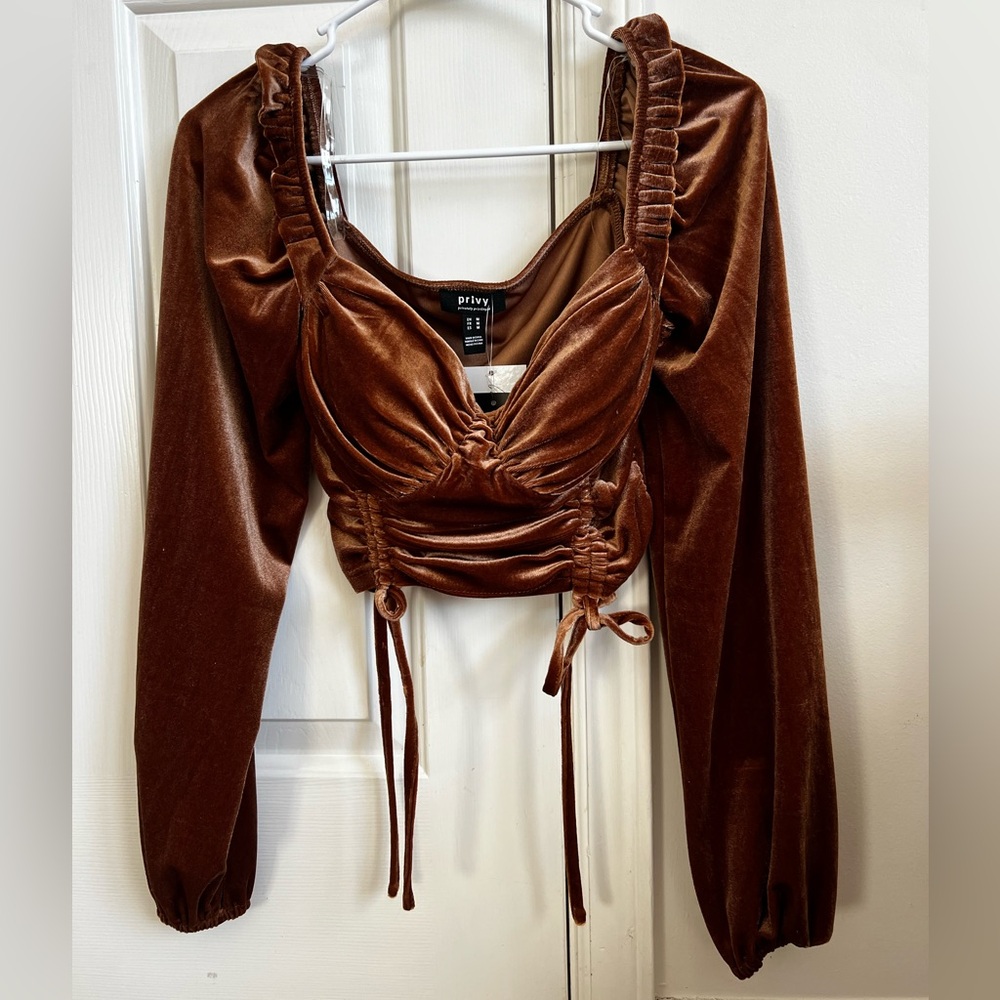 Privy Brown Velvet Ruched Long-Sleeve Crop Top